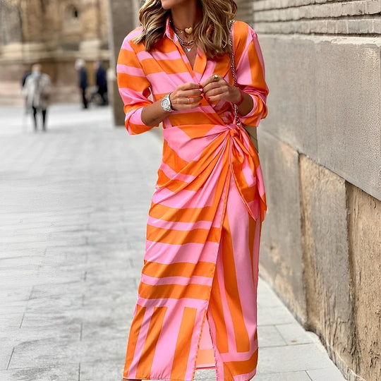 Dames Midi zomerjurk met lange mouwen kleurrijke print en V hals - Lisa