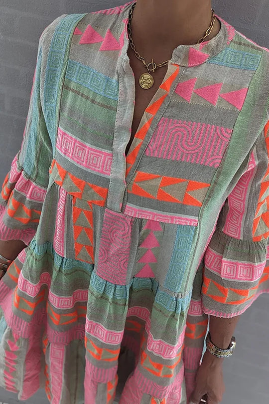 Dames Mini jurk met klokmouwen en etnische print - Rianna