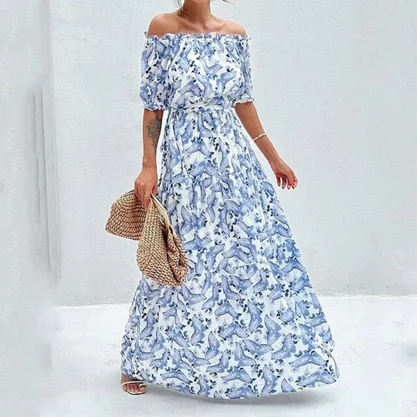 Dames Off Shoulder Elegant Fit Bloemige Maxi Zomerjurk - Rosa