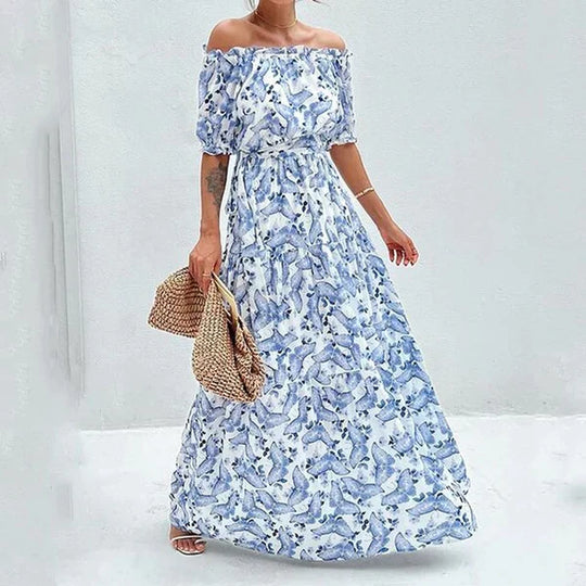 Dames Off Shoulder Elegant Fit Bloemige Maxi Zomerjurk - Rosa