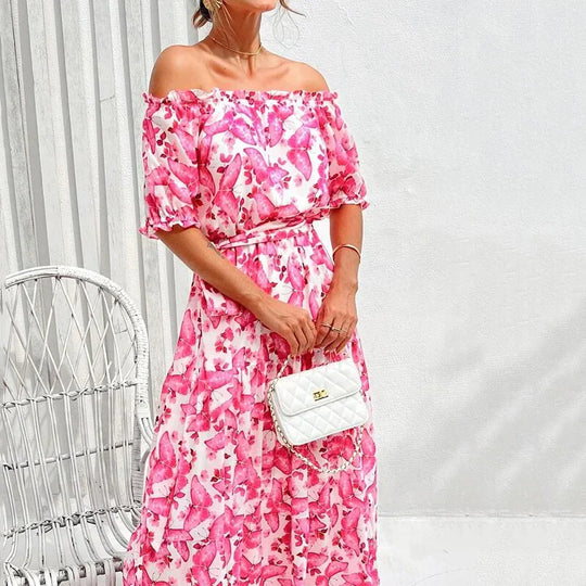 Dames Off Shoulder Elegant Fit Bloemige Maxi Zomerjurk - Rosa