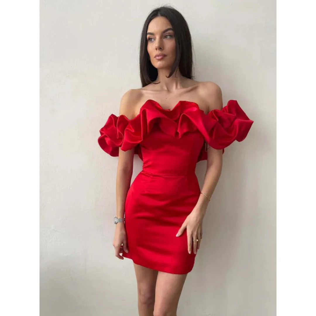 Dames Off-Shoulder Mini Cocktailjurk met ruches - Leanna