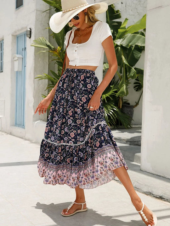 Dames Retro Print Midi Rok – Liora