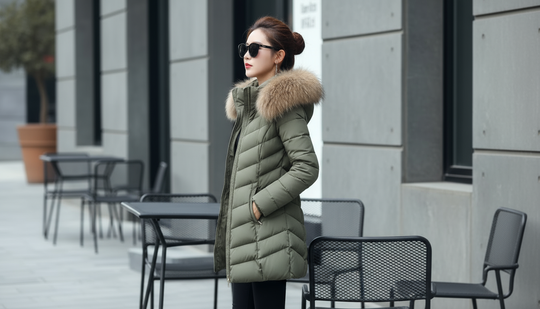 Dames winterjas met gewatteerd lang model en afneembare bontkraag