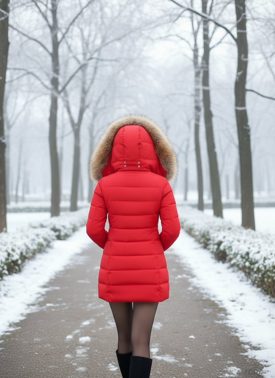 Dames winterjas met gewatteerd lang model en afneembare bontkraag