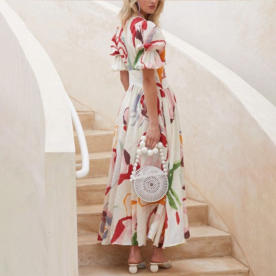 Damesjurk met V-hals en knoopdetails Bloemen Maxi Zomerjurk - Lisa