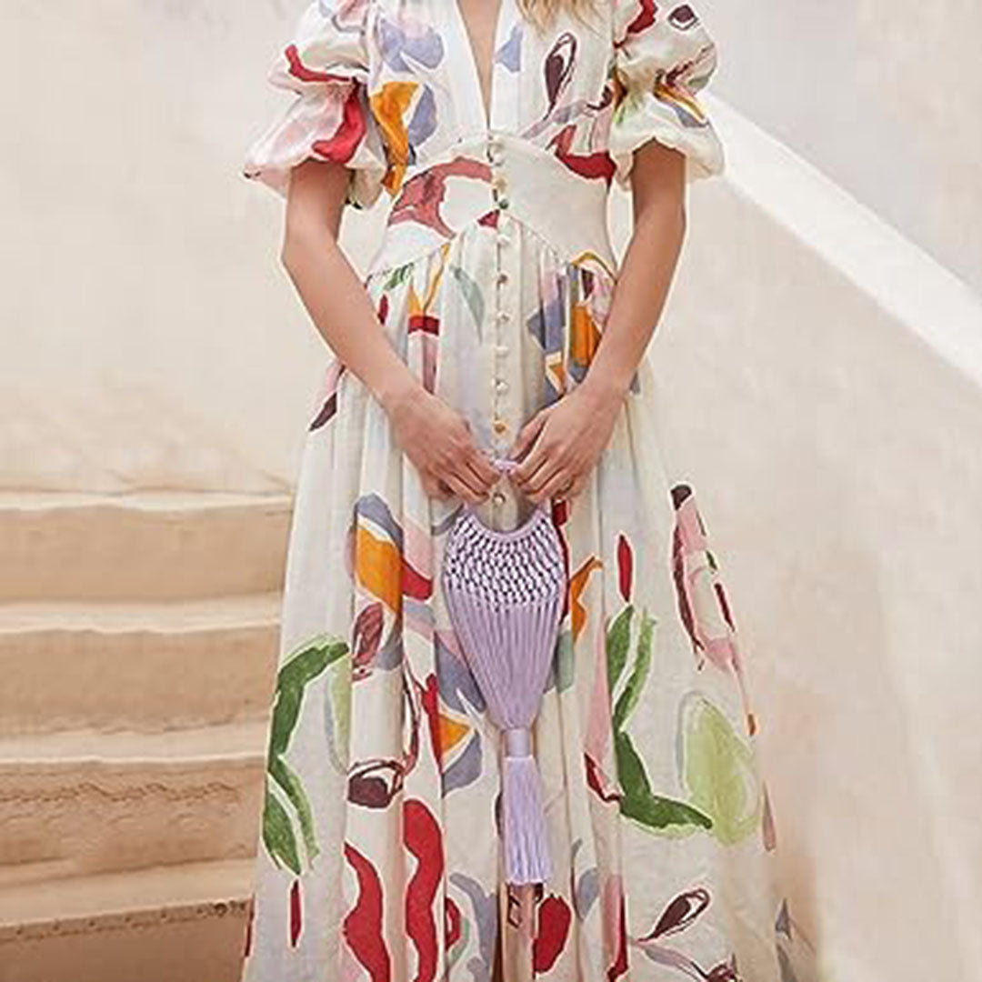 Damesjurk met V-hals en knoopdetails Bloemen Maxi Zomerjurk - Lisa