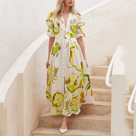 Damesjurk met V-hals en knoopdetails Bloemen Maxi Zomerjurk - Lisa