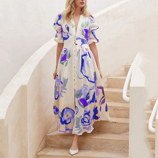 Damesjurk met V-hals en knoopdetails Bloemen Maxi Zomerjurk - Lisa