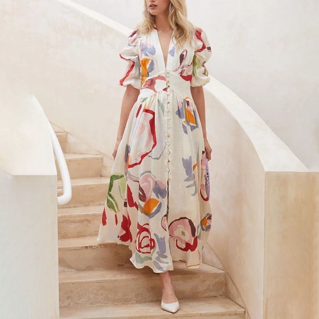Damesjurk met V-hals en knoopdetails Bloemen Maxi Zomerjurk - Lisa