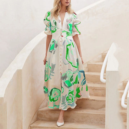 Damesjurk met V-hals en knoopdetails Bloemen Maxi Zomerjurk - Lisa