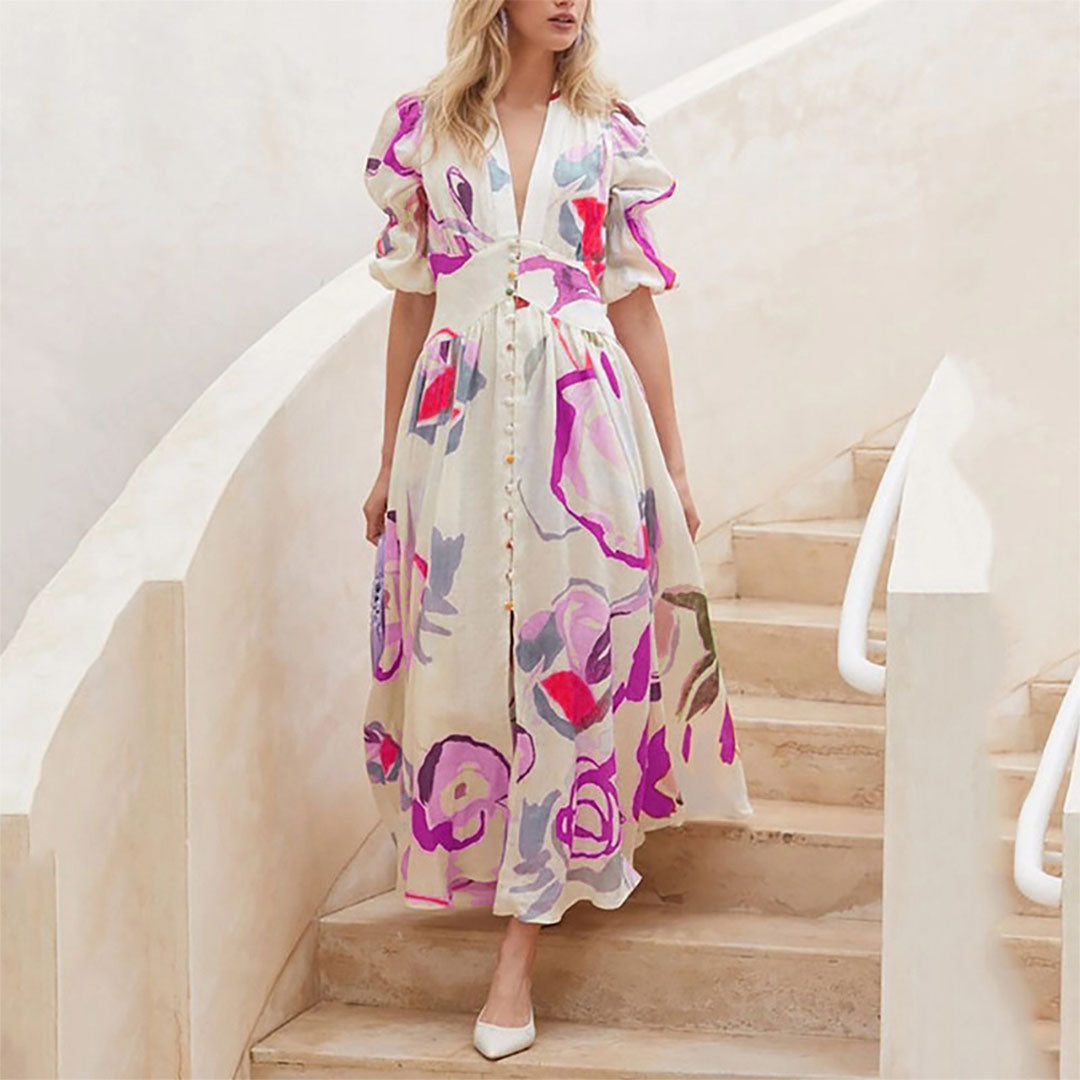 Damesjurk met V-hals en knoopdetails Bloemen Maxi Zomerjurk - Lisa