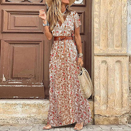 Damesjurk met korte mouwen Boho zomerstijl V hals Maxi Dress - Agnes