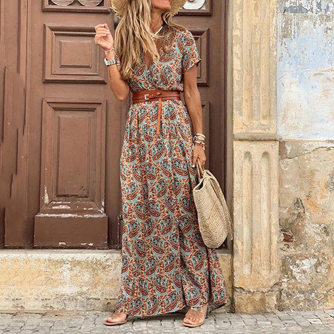 Damesjurk met korte mouwen Boho zomerstijl V hals Maxi Dress - Agnes