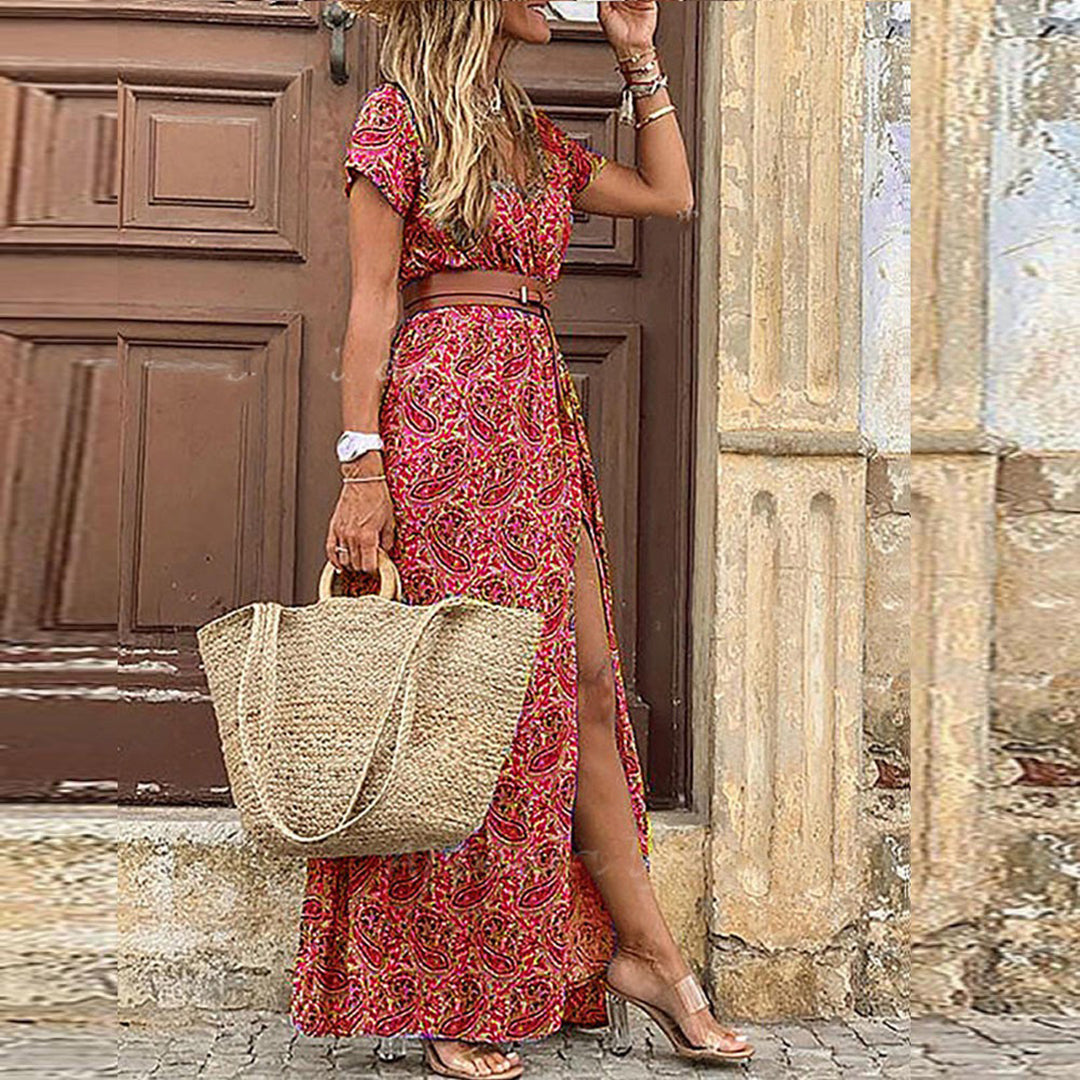 Variant image for Dames Maxi Jurk V-Hals Korte Mouwen Boho Zomerstijl - Agnes-11