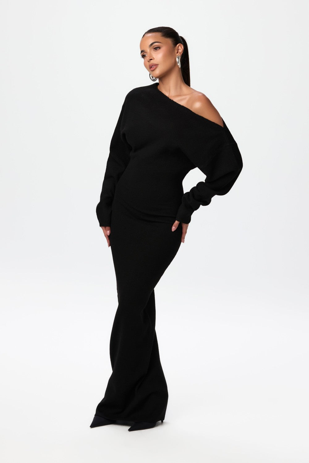 Dames Zwarte Lange Jurk Hoge Taille Elegante Maxi Met Lange Mouwen - Diora-4