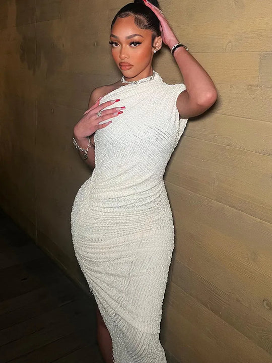 Dames Eén Schouder Aansluitende Midi Jurk met Hoge Split - Elegante Stijlvolle Kleding-3