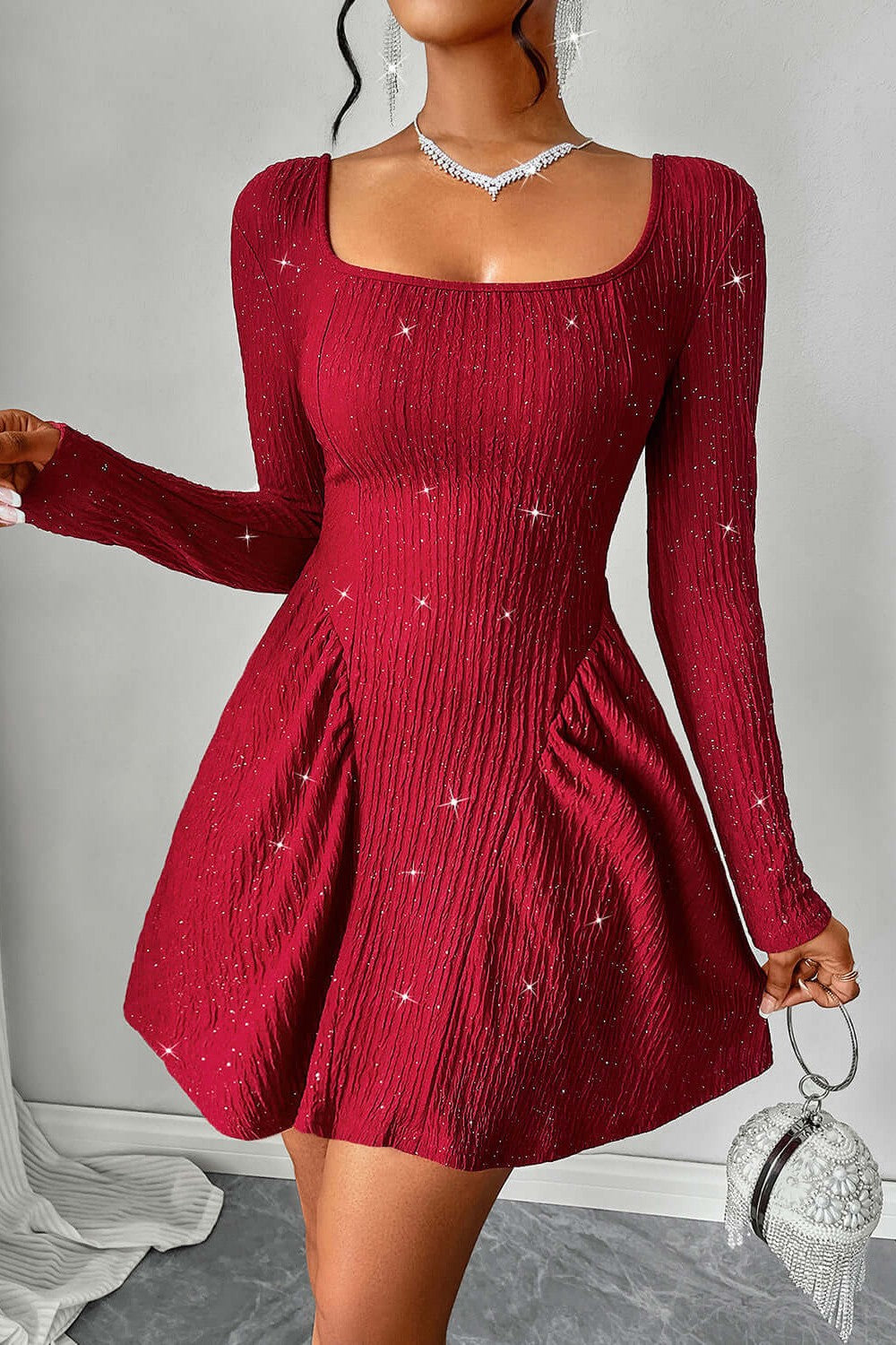 Dames Midi Jurk Elegante Pailletten Met Lange Mouwen - Elvariella-5