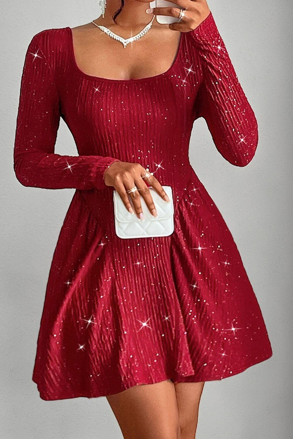 Dames Midi Jurk Elegante Pailletten Met Lange Mouwen - Elvariella-1