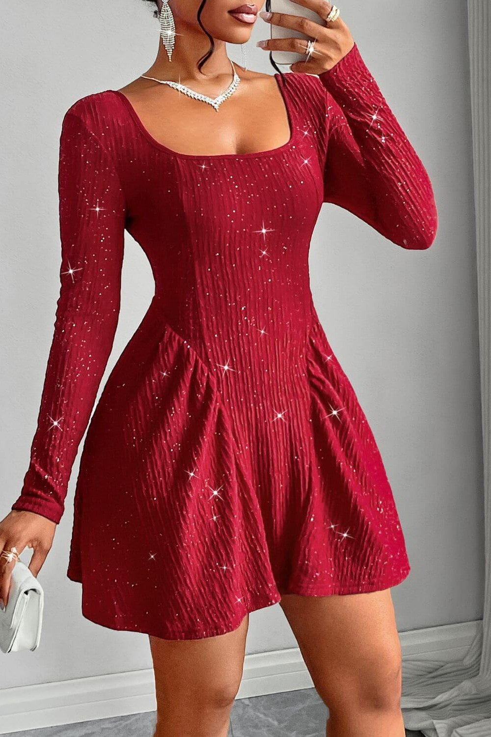 Dames Midi Jurk Elegante Pailletten Met Lange Mouwen - Elvariella-3