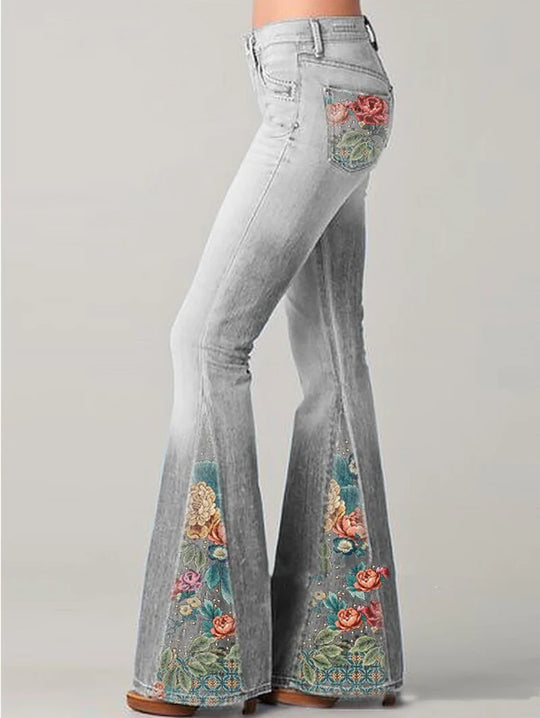 Flared Jeans Dames | Ombre Bloemenprint & Statement Look