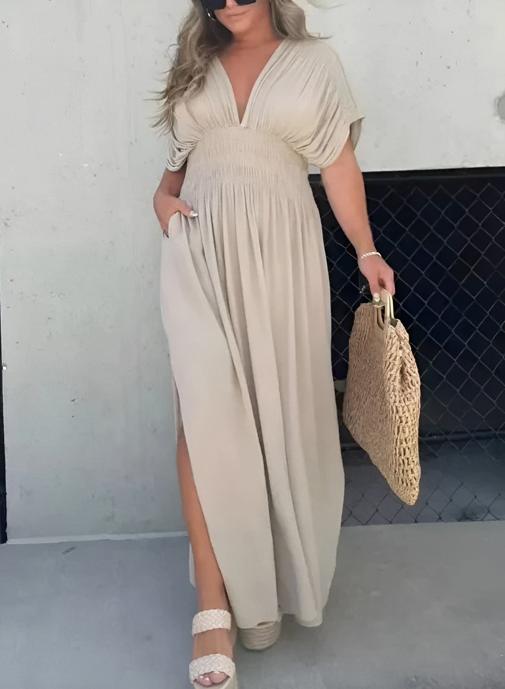 Dames Maxi Jurk Elegante Diepe V-hals met Split - Zomerstijl-2