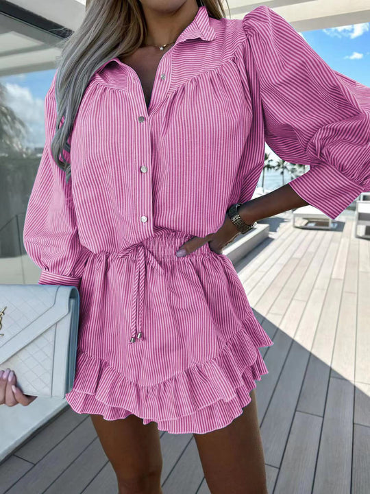 Dames Tweedelige Set met Gestreepte Blouse en Ruffle Rok - Tijdloze Elegantie-2