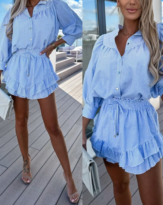 Dames Tweedelige Set met Gestreepte Blouse en Ruffle Rok - Tijdloze Elegantie-5