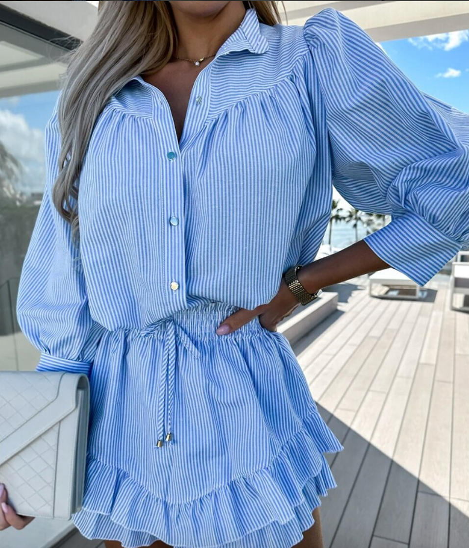 Dames Tweedelige Set met Gestreepte Blouse en Ruffle Rok - Tijdloze Elegantie-6