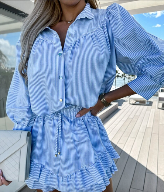 Dames Tweedelige Set met Gestreepte Blouse en Ruffle Rok - Tijdloze Elegantie-6
