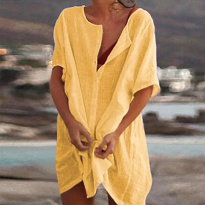 Variant image for Dames Lange Jurk Casual Katoen Linnen met Uitlopende Zoom - Ruby-34
