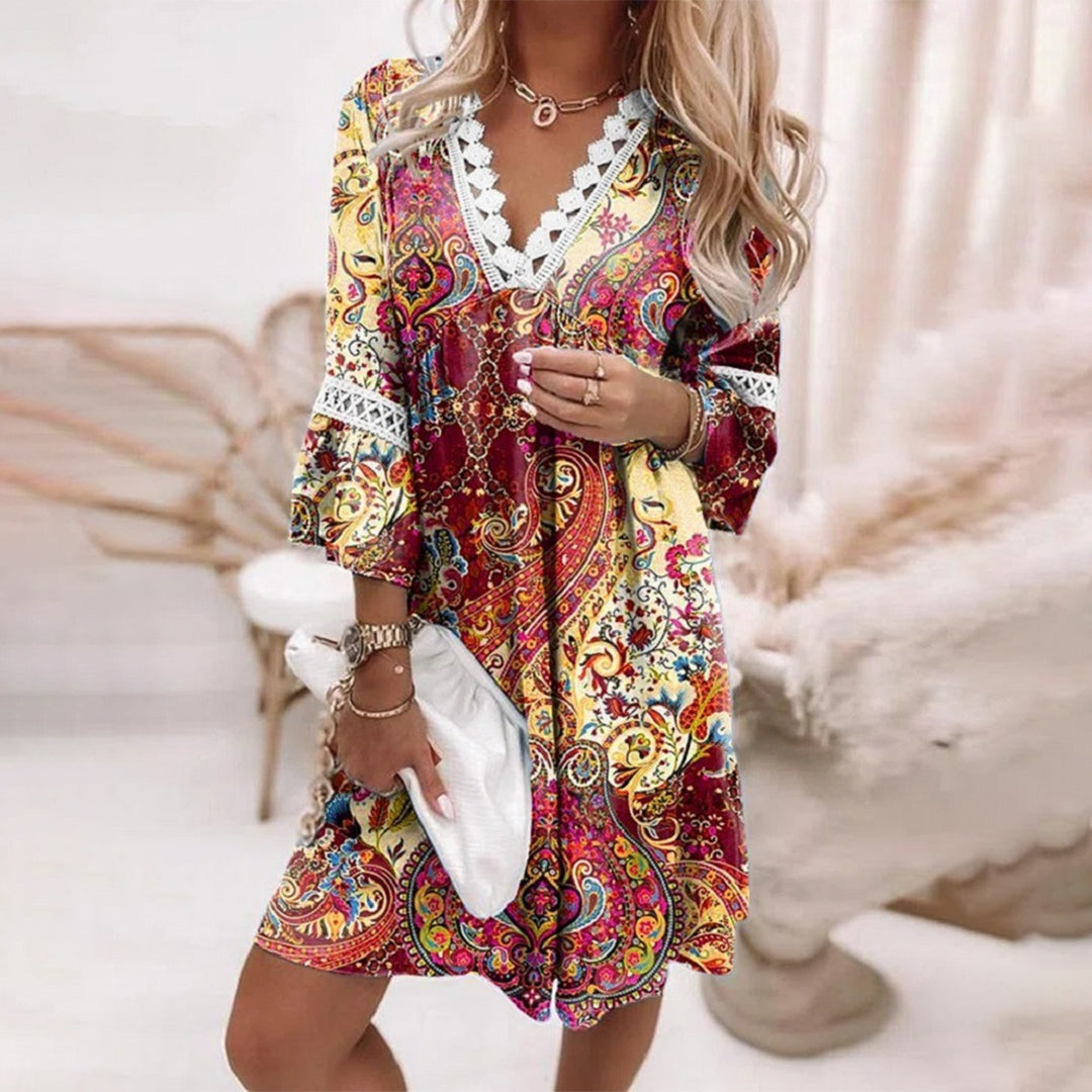 Dames Midi Jurk Bohemian V-hals Kantdetails Voor Zomer - Taylor-6