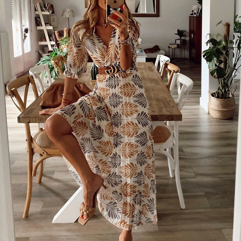 Vrouwen Elegant Bloemmotief Vloeiende Maxi Zomerjurk - Jazlyn
