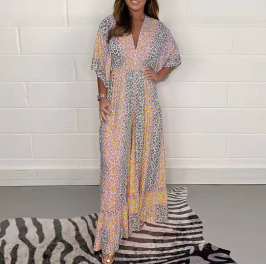 Jumpsuit met V hals en luipaardprint - Viollet