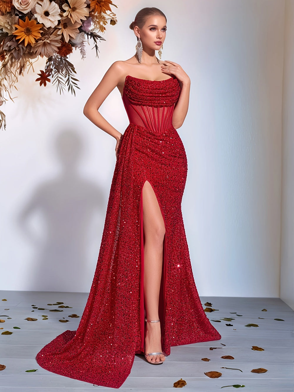 Vrouwen Strapless Galajurk Met Hoge Split en Glitters - Luna-2
