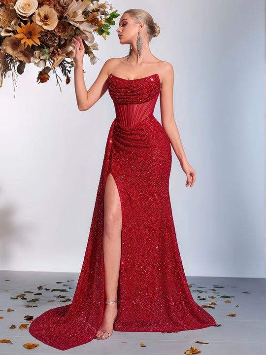 Vrouwen Strapless Galajurk Met Hoge Split en Glitters - Luna-6