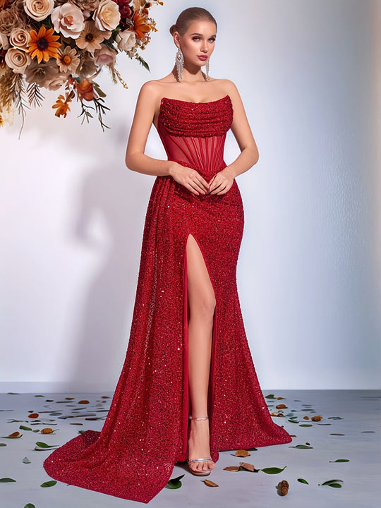 Vrouwen Strapless Galajurk Met Hoge Split en Glitters - Luna-5