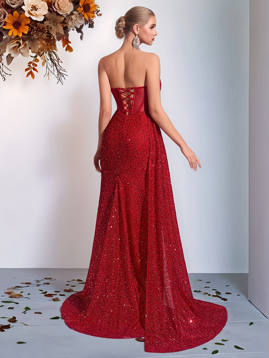 Vrouwen Strapless Galajurk Met Hoge Split en Glitters - Luna-4