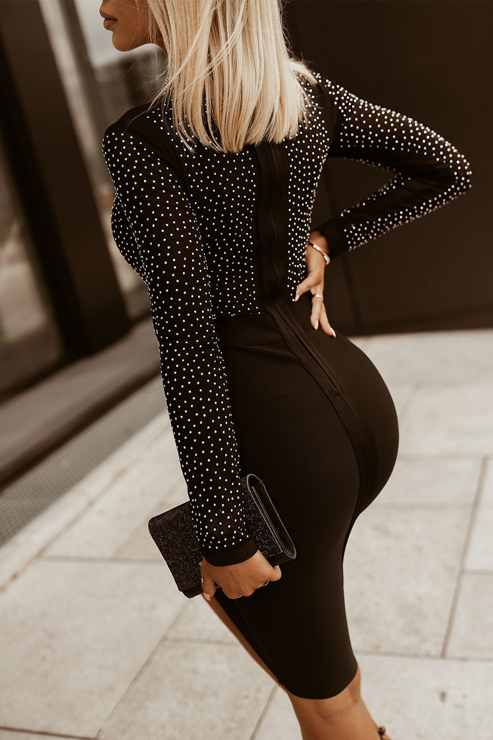 Dames Midi Avondjurk Elegante Zwarte Lange Mouwen - Luxarié-5