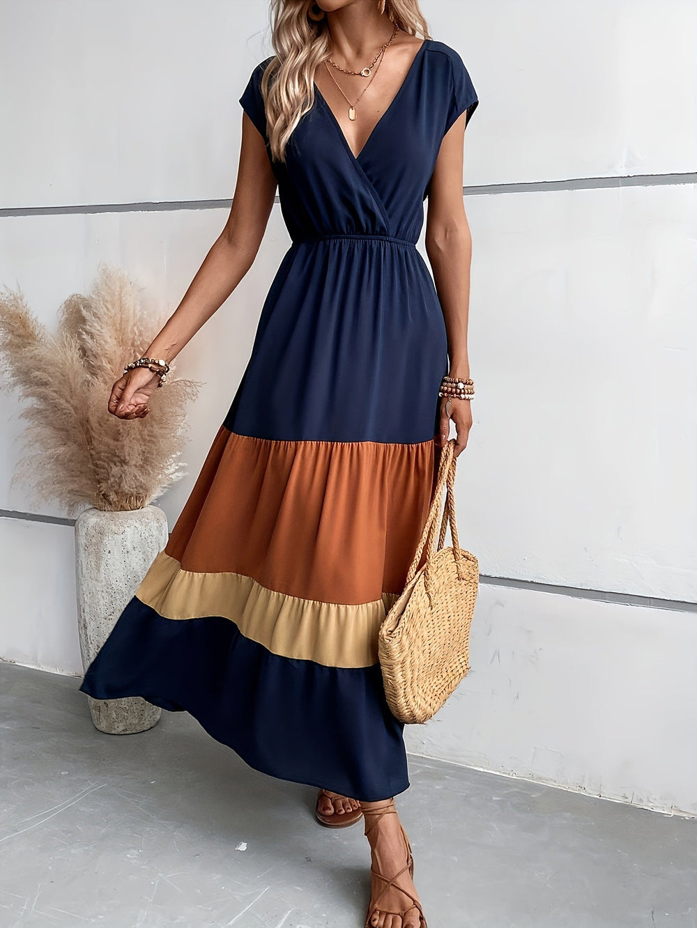Dames Maxi Jurk Elegante V-Hals met Kleurenblokken - Norah-2