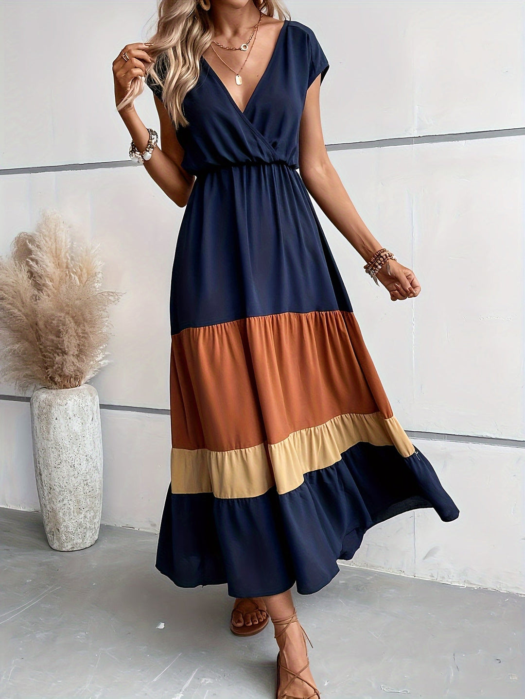 Dames Maxi Jurk Elegante V-Hals met Kleurenblokken - Norah-5