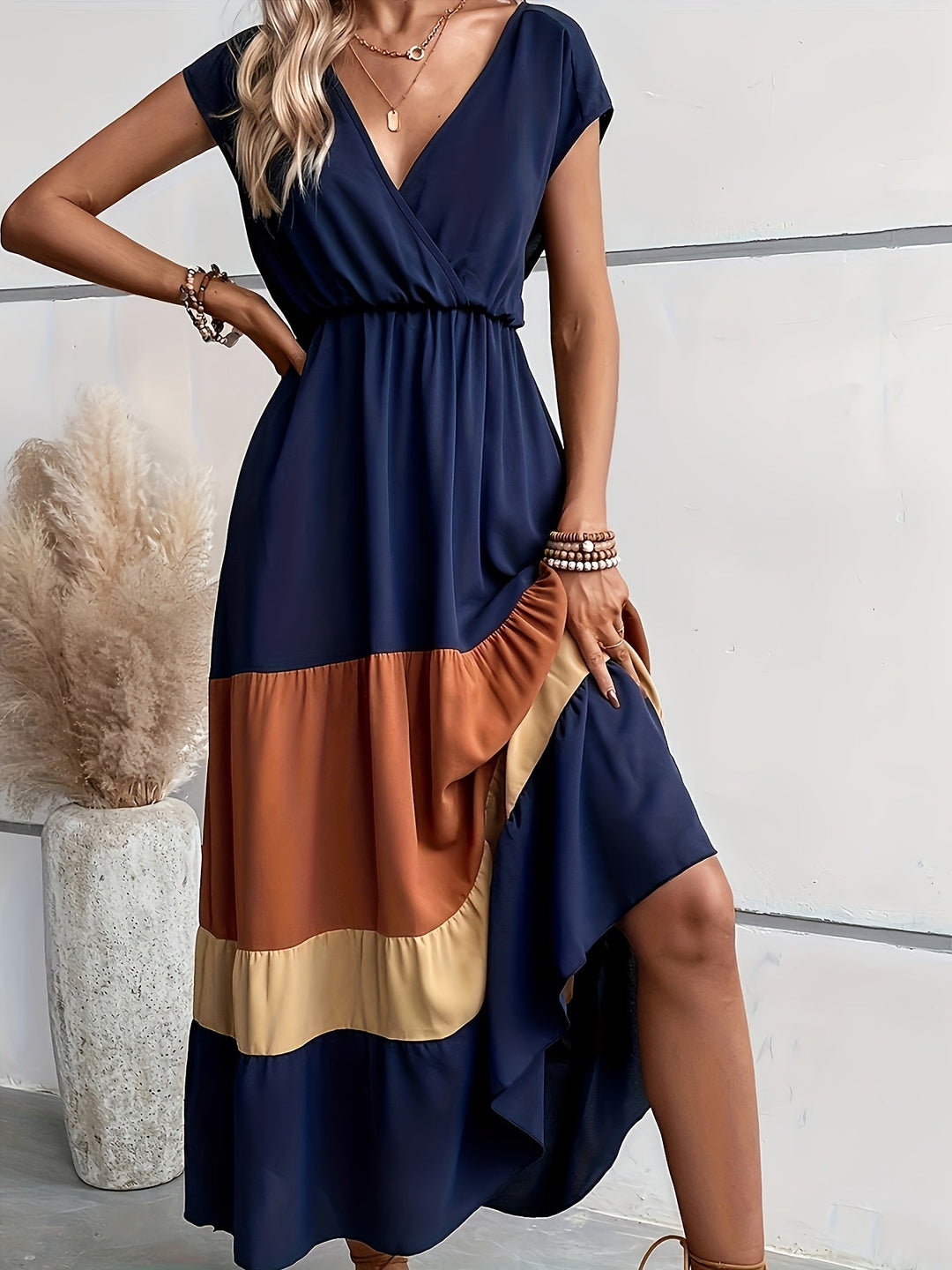 Dames Maxi Jurk Elegante V-Hals met Kleurenblokken - Norah-4