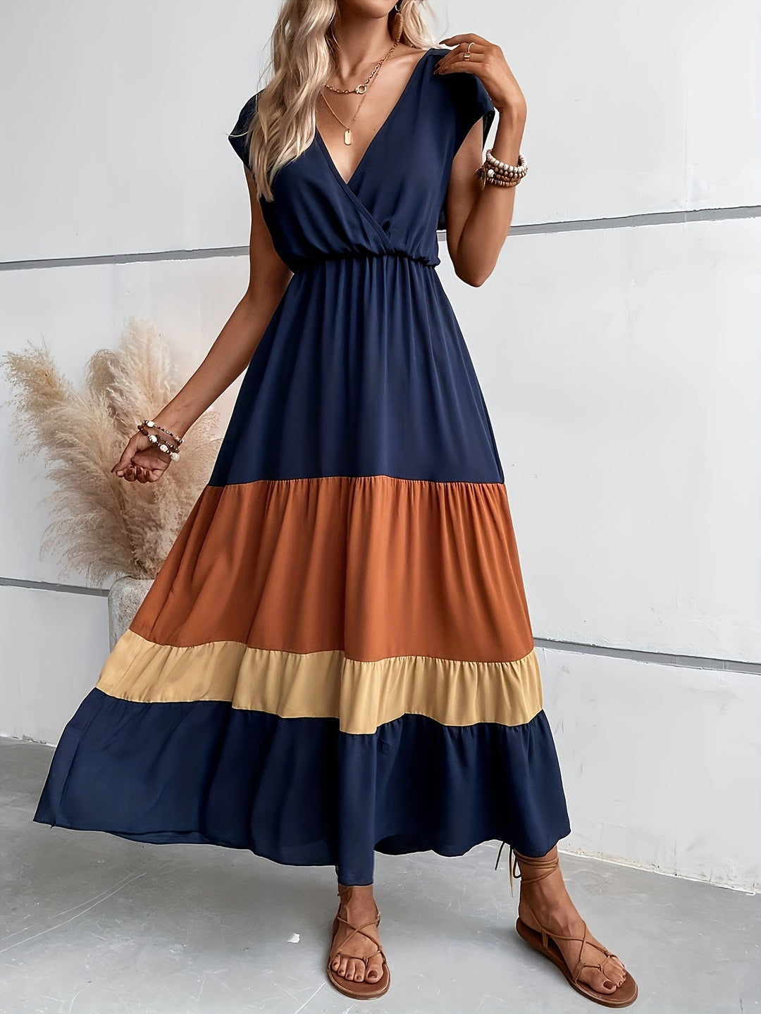 Variant image for Dames Maxi Jurk Elegante V-Hals met Kleurenblokken - Norah-1