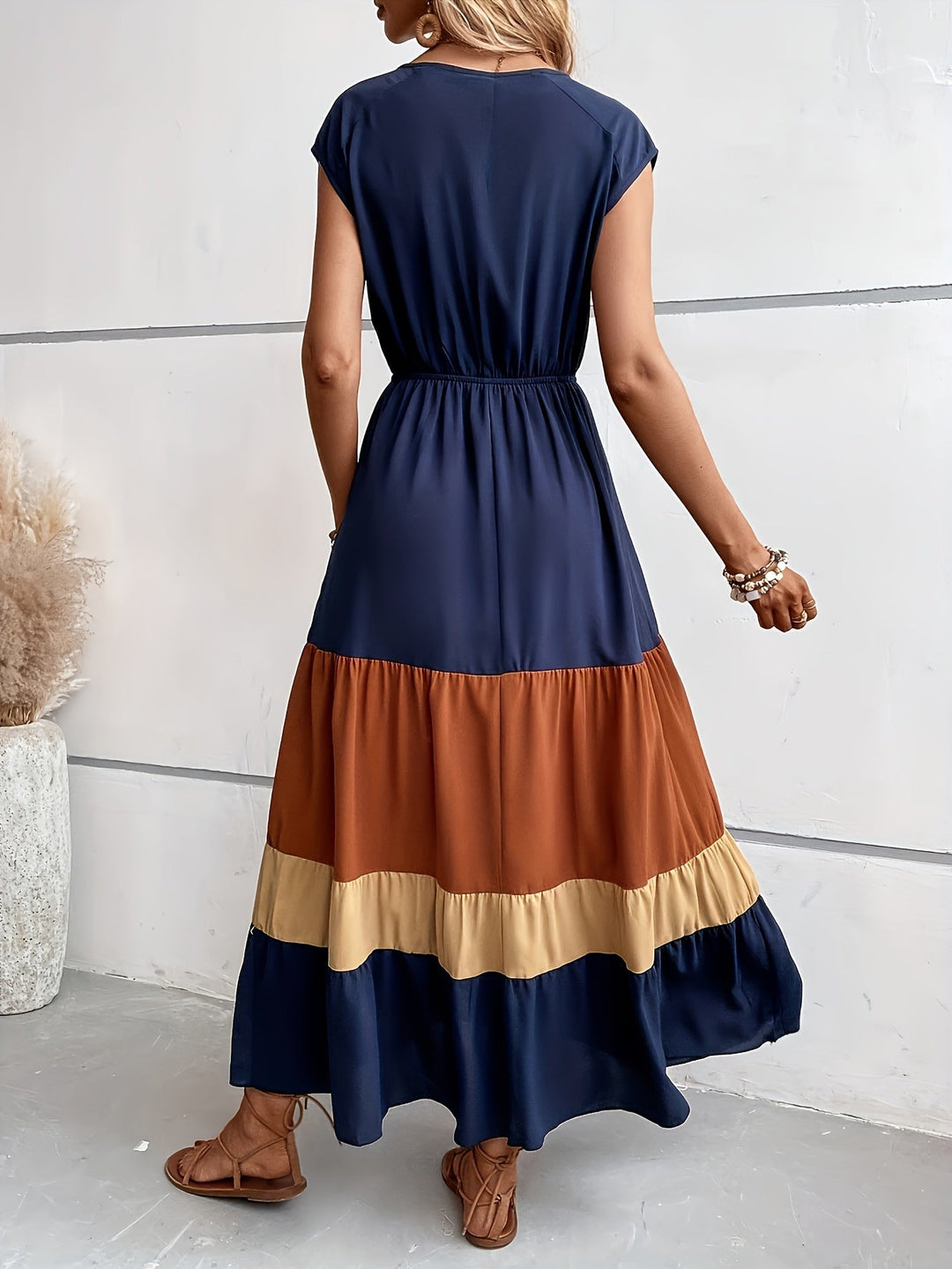 Dames Maxi Jurk Elegante V-Hals met Kleurenblokken - Norah-3