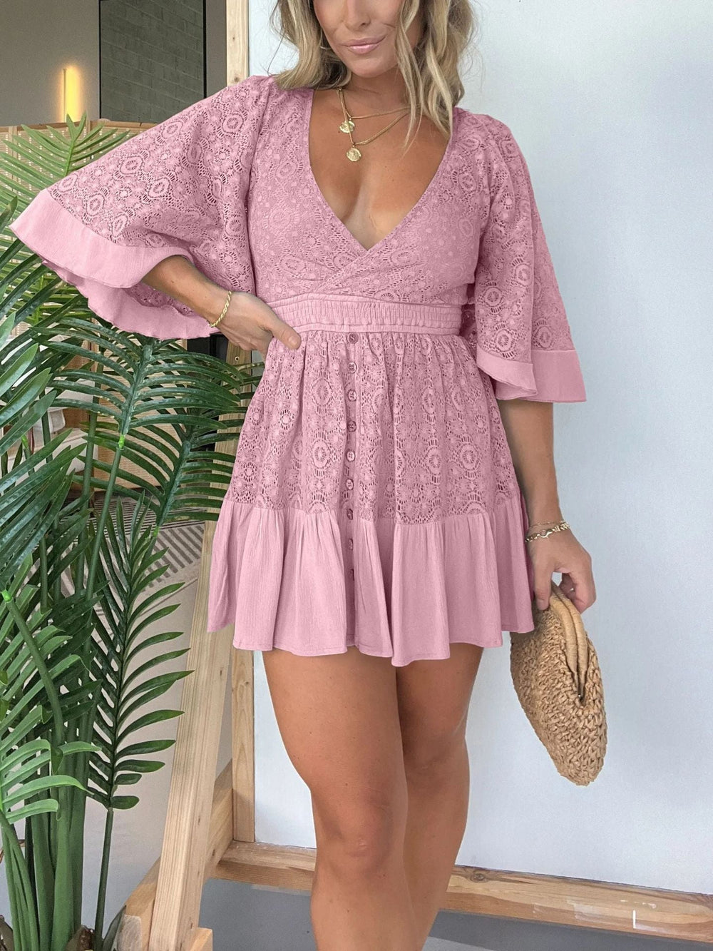 Dames Mini Jurk Elegante V-hals Met Kanten Details - Zomer Kleding - Ava-2