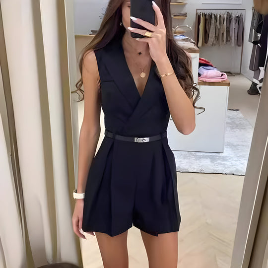 Dames Jumpsuit Zwart Met V-hals en Verstelbare Taille - Sophie-1