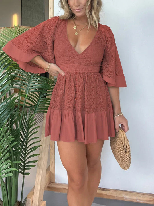 Variant image for Dames Mini Jurk Elegante V-hals Met Kanten Details - Zomer Kleding - Ava-13