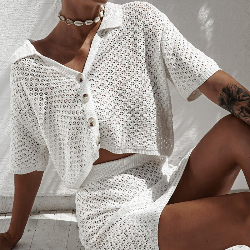 Dames Gehaakte Twee-Piece Set Elegante Knoop Top met Hoge Taille Rok - Serena-2