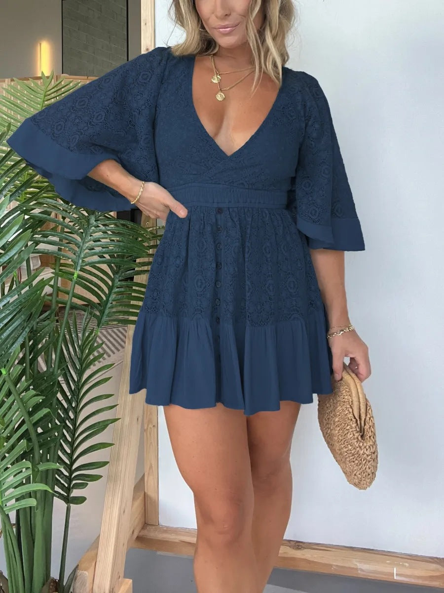 Variant image for Dames Mini Jurk Elegante V-hals Met Kanten Details - Zomer Kleding - Ava-25