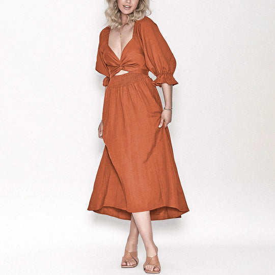 Chique Dames Midi Zomerjurk met driekwart Mouwen en Elastische taille - Veda